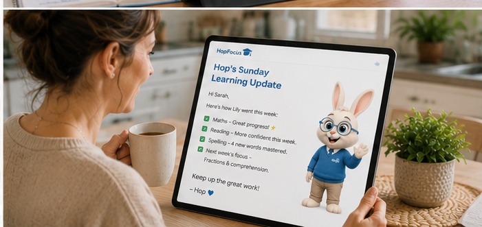 A parent reading on a tablet at home