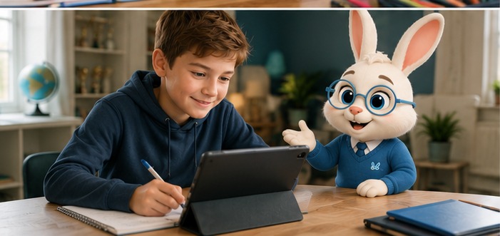 A child working through a lesson with Hop the bunny