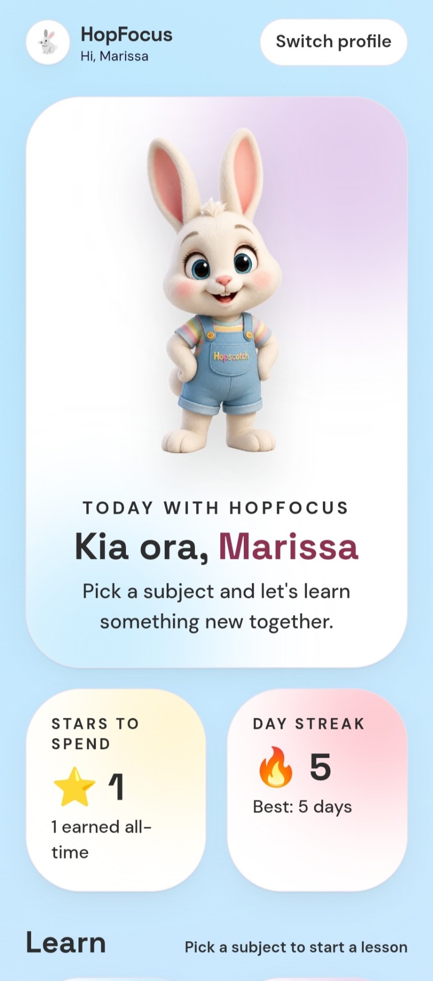Real HopFocus screenshot — Child home screen