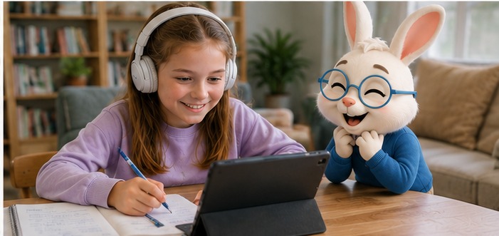 A child learning with headphones alongside Hop the bunny