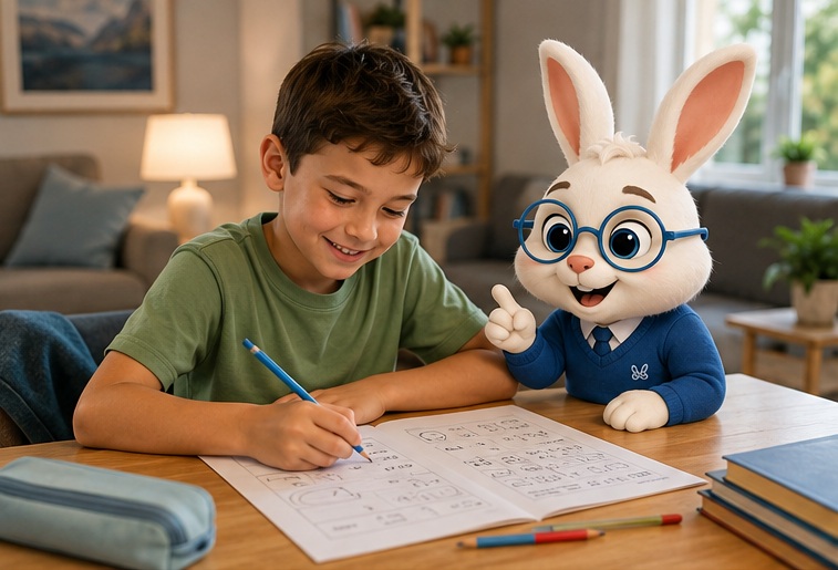 A child writing in a workbook with Hop the bunny cheering him on