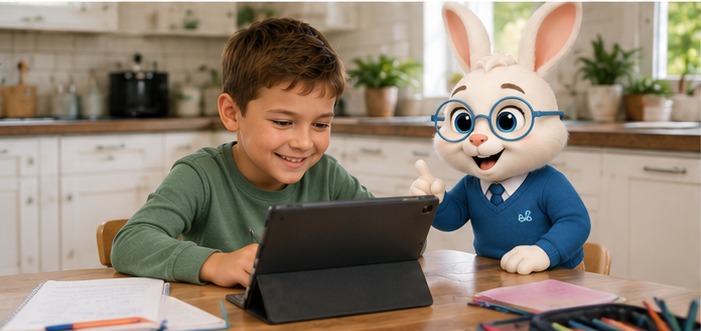 A child learning at the kitchen table with Hop the bunny